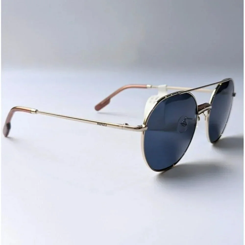 Kenzo KZ40097U Unisex Brow Bar Round Metal Gold & Blue Lens Sunglasses MSRP $180
